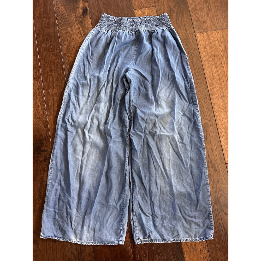 Alter'd State Wide Leg Smocked Waist Lyocell Pants Light Wash Blue Large